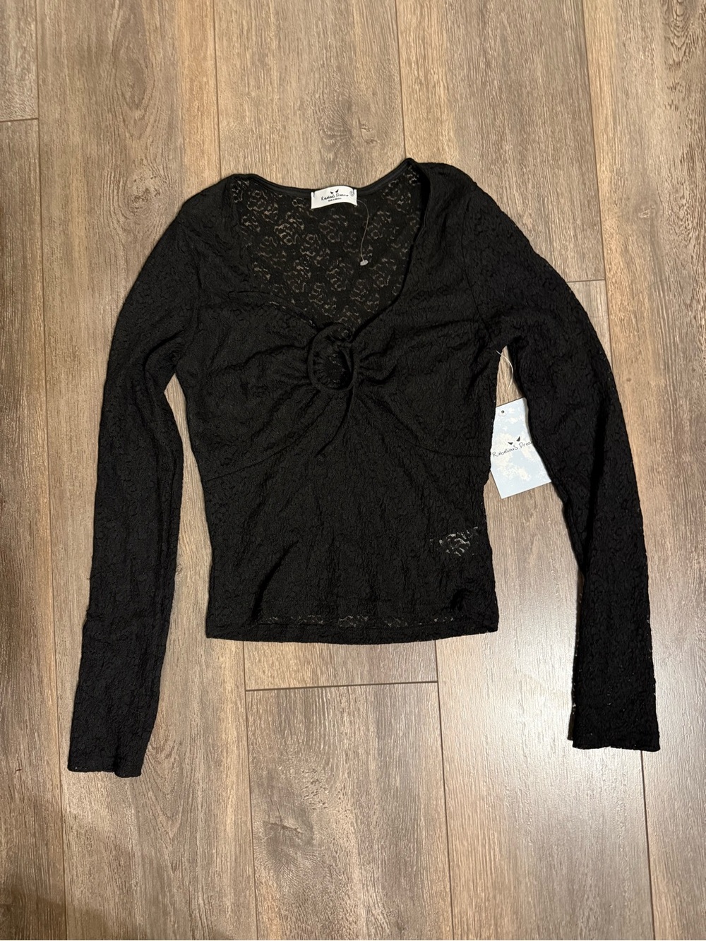 Black Lace Long-Sleeve Twist-Ring Top